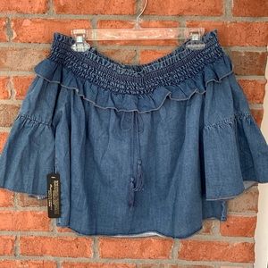 Bebe denim ruffle crop top off the shoulder shirt